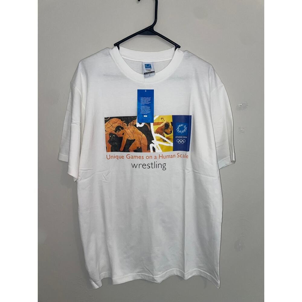 Vintage Olympics Shirt Games Human Scale Wrestling Art Tee 2004 Athens Large